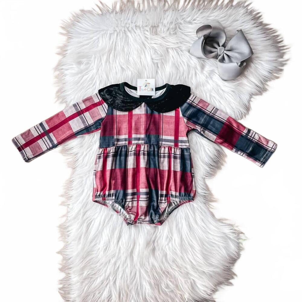 NEW TWOCAN infant christmas plaid & velvet romper in multi